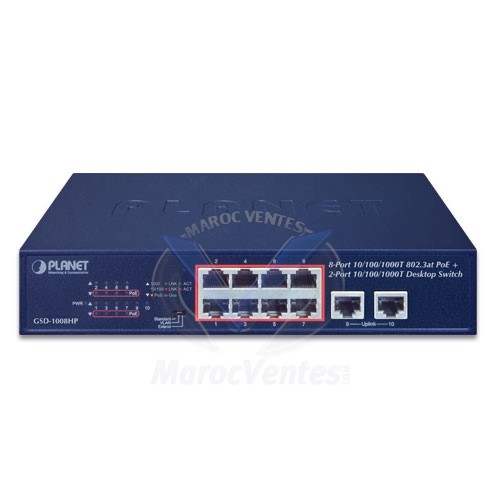 Switch 8 ports 10/100 / 1000T 802.3at PoE + 2 ports 10/100 / 1000T (120 watts) GSD-1008HP